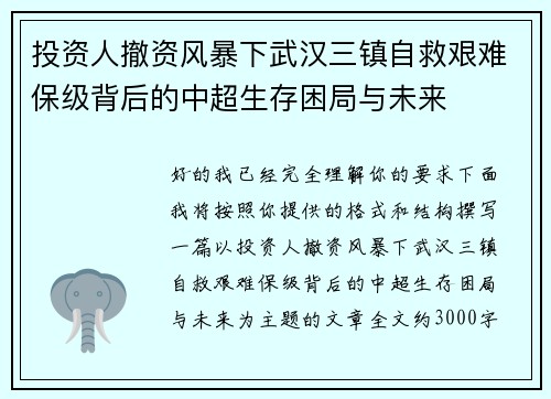 投资人撤资风暴下武汉三镇自救艰难保级背后的中超生存困局与未来 投资人撤资风暴下武汉三镇自救艰难保级背后的中超生存困局与未来